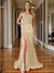 Trumpet/Mermaid Prom Dress Spaghetti Straps V-Neck Sleeveless Floor-length Long Formal Dresses with Split Side