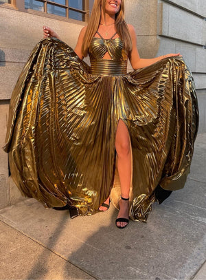 A-Line/Princess Long Prom Dress Metallic Satin Party Dress Spaghetti Straps Sleeveless Floor-length With Side Split