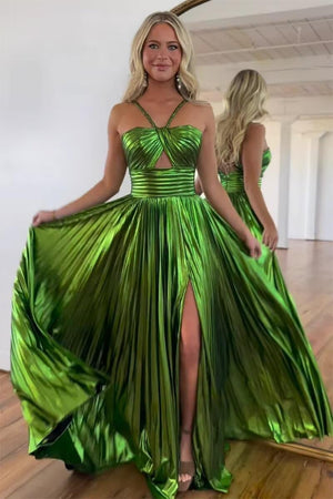 A-Line/Princess Long Prom Dress Metallic Satin Party Dress Spaghetti Straps Sleeveless Floor-length With Side Split