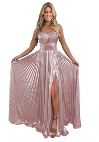 A-Line/Princess Long Prom Dress Metallic Satin Party Dress Spaghetti Straps Sleeveless Floor-length With Side Split