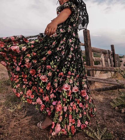 A-Line/Princess V-Neck Short Sleeves Floral Formal Plus Size Party Dresses With Flowers