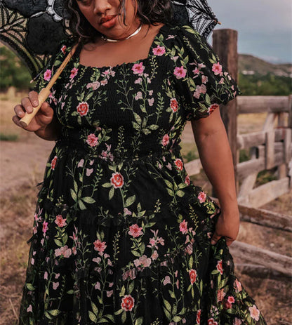 A-Line/Princess V-Neck Short Sleeves Floral Formal Plus Size Party Dresses With Flowers