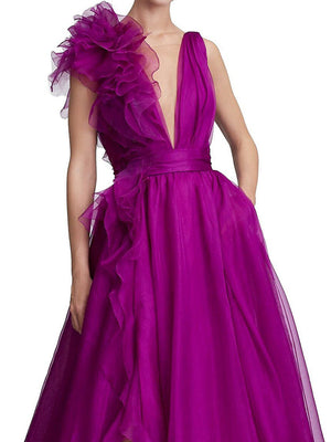 A-Line/Princess Evening Dress V Neck Sleeveless Floor-length Floral Dresses with Split Side Formal