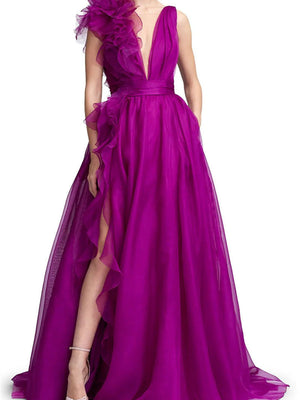 A-Line/Princess Evening Dress V Neck Sleeveless Floor-length Floral Dresses with Split Side Formal
