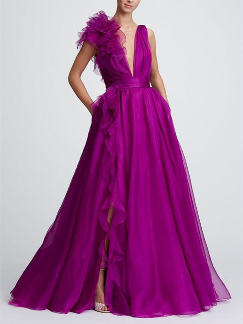 A-Line/Princess Evening Dress V Neck Sleeveless Floor-length Floral Dresses with Split Side Formal
