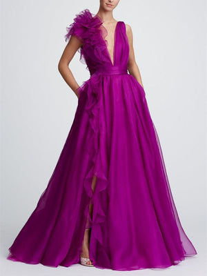 A-Line/Princess Evening Dress V Neck Sleeveless Floor-length Floral Dresses with Split Side Formal