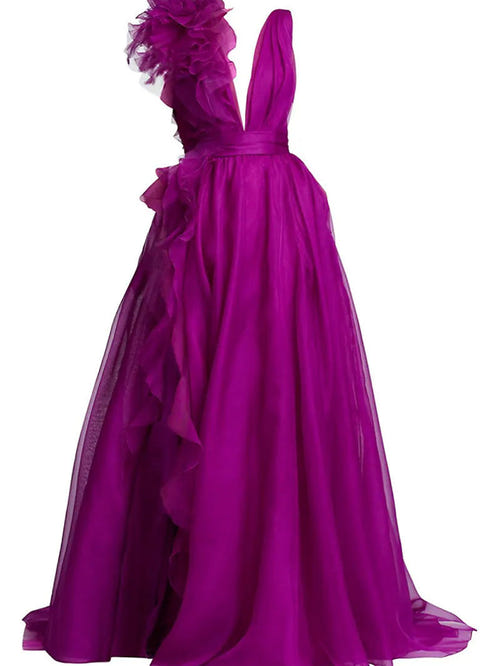 A-Line/Princess Evening Dress V Neck Sleeveless Floor-length Floral Dresses with Split Side Formal