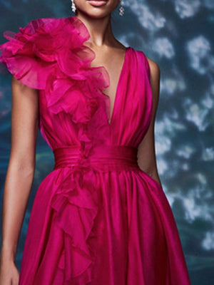 A-Line/Princess Evening Dress V Neck Sleeveless Floor-length Floral Dresses with Split Side Formal