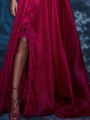 A-Line/Princess Evening Dress V Neck Sleeveless Floor-length Floral Dresses with Split Side Formal