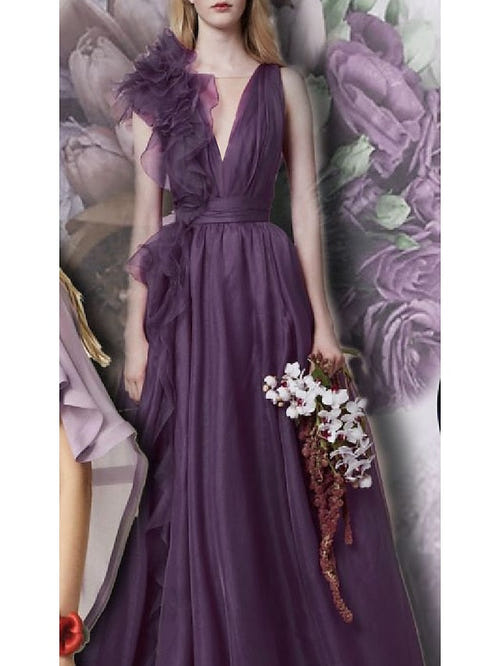 A-Line/Princess Evening Dress V Neck Sleeveless Floor-length Floral Dresses with Split Side Formal