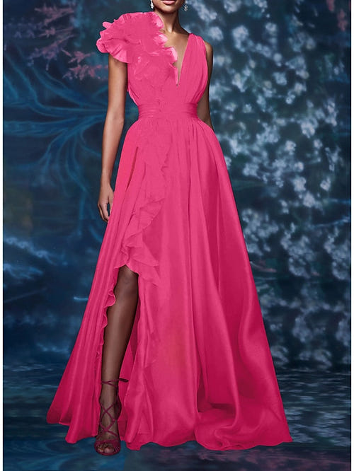 A-Line/Princess Evening Dress V Neck Sleeveless Floor-length Floral Dresses with Split Side Formal