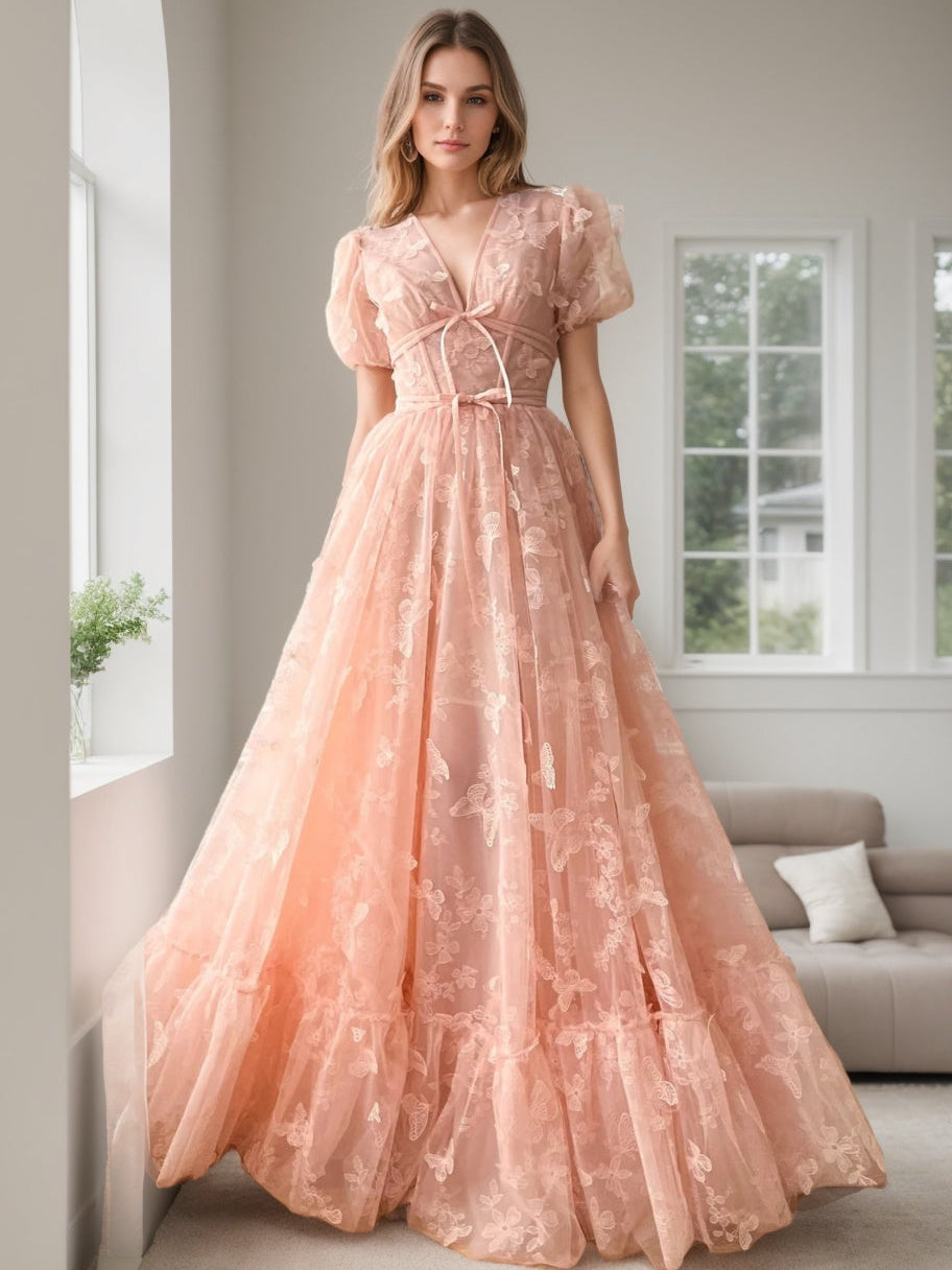 A-Line/Princess V-neck Short Sleeves Floor-length Formal Prom Dresses with Flower