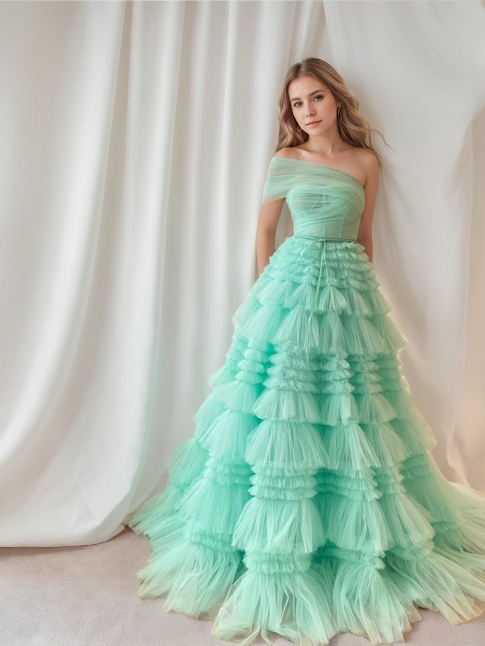 A-Line/Princess One-Shoulder Sleeveless Floor-Length  Prom Dresses with Pleats