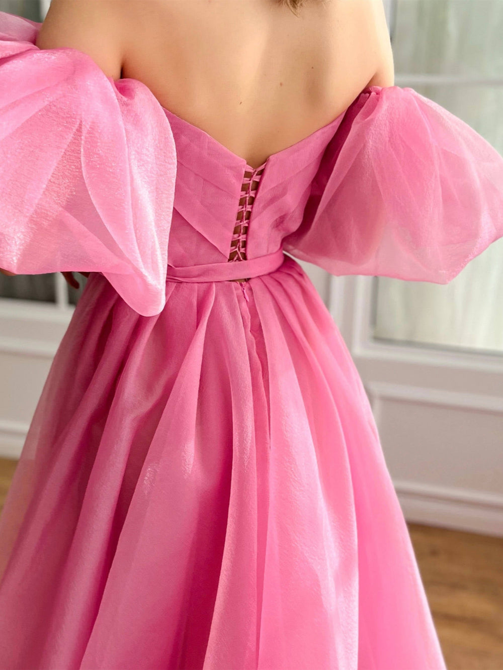A-Line/Princess  Hot Pink Prom Dress Tulle Sweetheart Off-the-Shoulder Floor Length Formal Dress