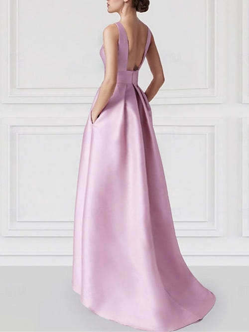A-Line/Princess Boat Neck Sleeveless Floor-Length Evening Dresses with Pocket