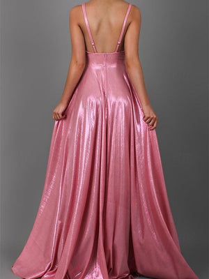 A-Line/Princess Sleeveless V Neck Floor-Length Evening Dresses with Pleats