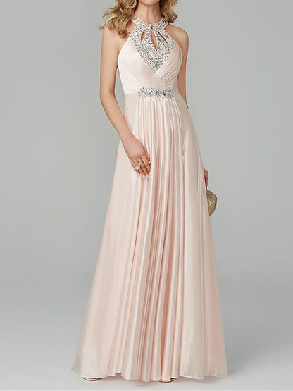 A-Line/Princess Sleeveless Halter Neck Floor-Length Prom Dresses with Crystals