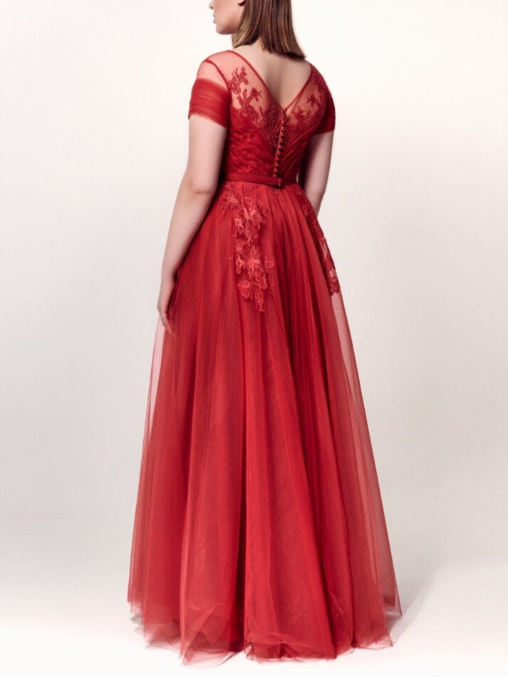 A-Line/Princess Jewel Neck Short Sleeves Ankle-Length Plus Size Prom Dress with Applique