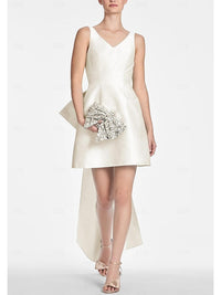A-Line/Princess Little White Dress V-Neck Mini Cocktail Dresses with Bow Wedding Dress