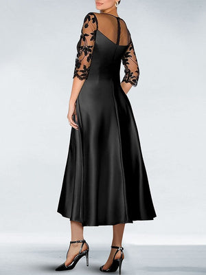 A-Line Mother of the Bride Dresses Illusion Neck Tea-Length Cocktail Dresses Satin Appliques