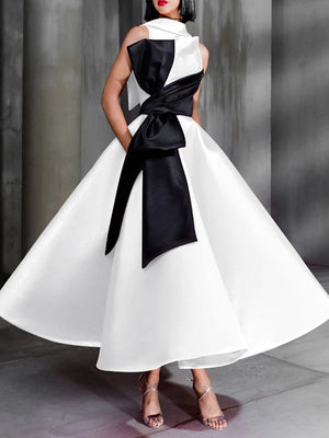 Ball Gown High Neck Cocktail Dresses Ankle-Length Color Block Elegant Formal Gown with Bowknot