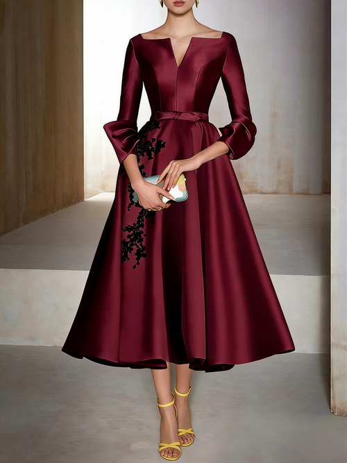 A-Line/Princess Cocktail Dress 3/4 Length Sleeves Tea Length Formal Dresses with Appliques