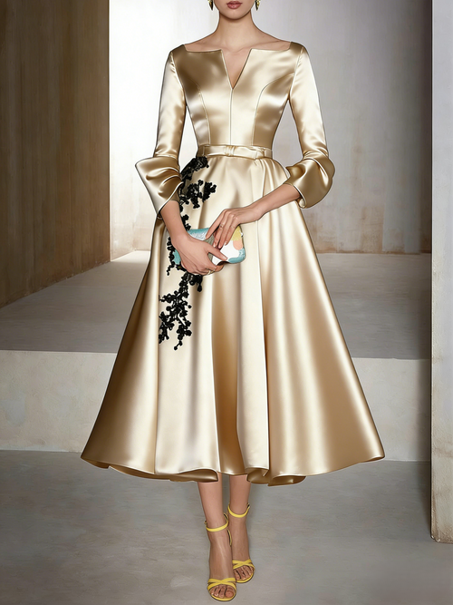 A-Line/Princess Cocktail Dress 3/4 Length Sleeves Tea Length Formal Dresses with Appliques