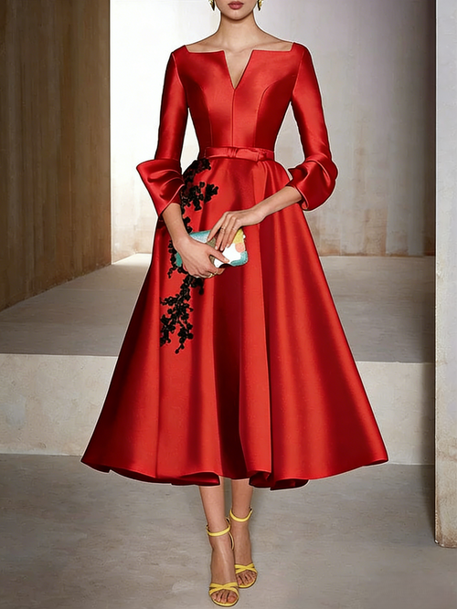 A-Line/Princess Cocktail Dress 3/4 Length Sleeves Tea Length Formal Dresses with Appliques