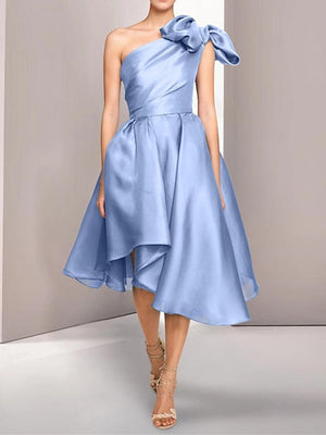 A-Line/Princess Cocktail Dresses One Shoulder Ruched Elegant Dress Sleeveless Tea-Length with Bow