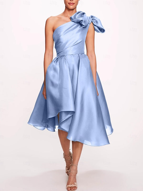 A-Line/Princess Cocktail Dresses One Shoulder Ruched Elegant Dress Sleeveless Tea-Length with Bow