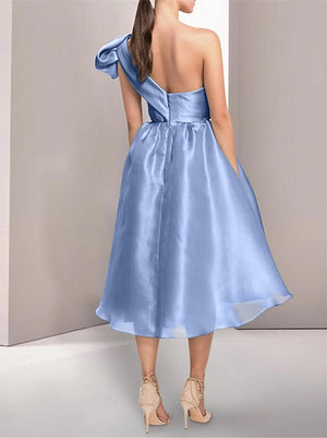 A-Line/Princess Cocktail Dresses One Shoulder Ruched Elegant Dress Sleeveless Tea-Length with Bow