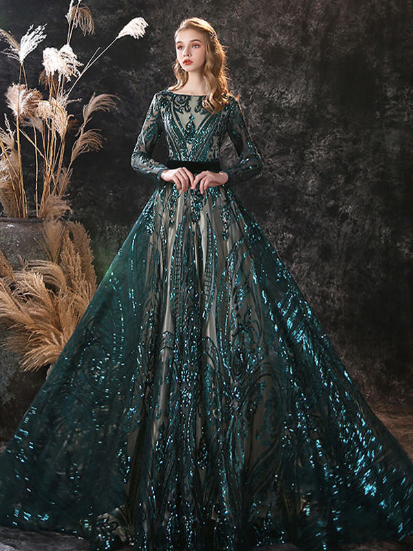 A-Line/Princess Scoop Neck Long Sleeves Court Train Prom Dresses With Lace