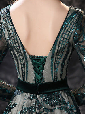 A-Line/Princess Scoop Neck Long Sleeves Court Train Prom Dresses With Lace