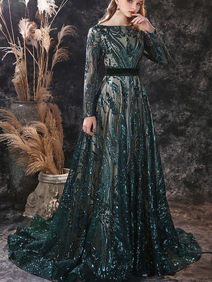 A-Line/Princess Scoop Neck Long Sleeves Court Train Prom Dresses With Lace