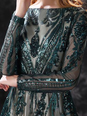 A-Line/Princess Scoop Neck Long Sleeves Court Train Prom Dresses With Lace