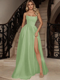 A-Line/Princess Strapless Sleeveless Floor-Length  Satin With Split Side Evening Dresses