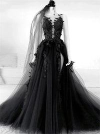 A-Line/Princess Black Wedding Dress Illusion Neck Sleeveless Evening Dresses With Pleats Slit Appliques