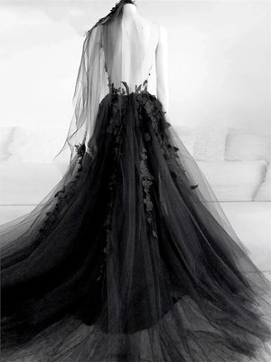 A-Line/Princess Black Wedding Dress Illusion Neck Sleeveless Evening Dresses With Pleats Slit Appliques