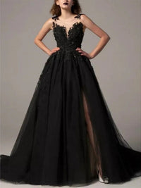 A-Line/Princess Black Wedding Dress Illusion Neck Sleeveless Evening Dresses With Pleats Slit Appliques