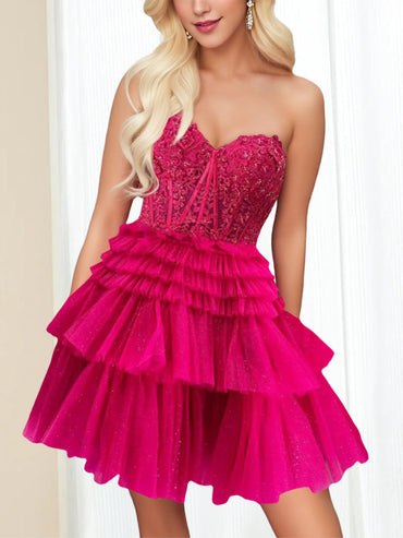 A-Line/Princess Sweetheart Sleeveless Short/Mini Party Dance Cocktail Homecoming Dress With Lace Appliques & Sequins, Ruffles