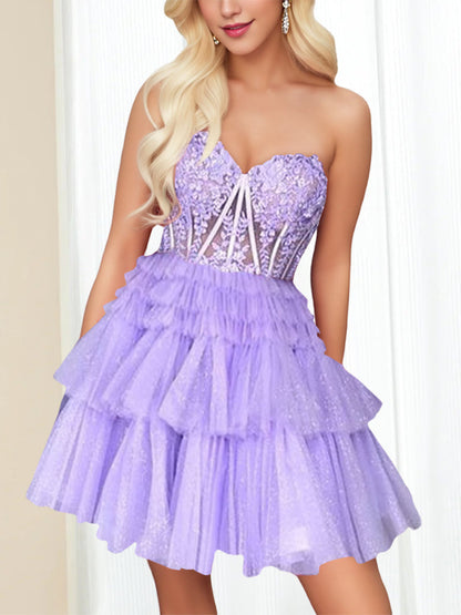 A-Line/Princess Sweetheart Sleeveless Short/Mini Party Dance Cocktail Homecoming Dress With Lace Appliques & Sequins, Ruffles