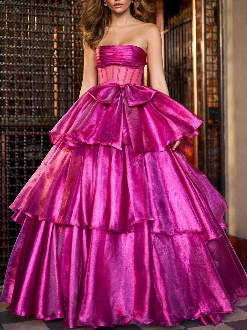 Evening Dresses  Strapless Floor-Length Ball Gown with Ruffles