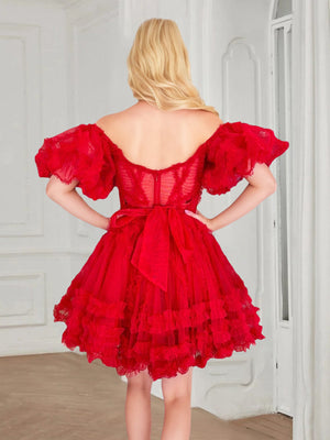 A-Line/Princess Off-the-Shoulder Short Puffy Sleeves Short/Mini Party Dance Cocktail Homecoming Dress With Ruffles, Pleats & Sash