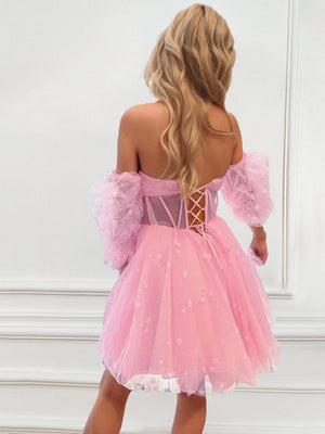 A-Line/Princess Strapless Detachable Balloon Sleeves Short/Mini Party Dance Cocktail Homecoming Dress With Pleats, Illusion Corset Bodice