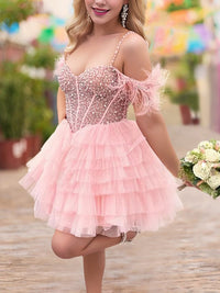 A-Line/Princess Sweetheart Sleeveless Short/Mini Party Dance Homecoming Dress With Feathers on Off-the-Shoulder Straps Tiered Ruffles