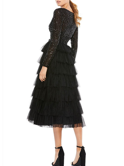 A-Line Cocktail Dress Formal Jewel Neck Long Sleeve Tea Length Mother of the Bride Dresses with Sequin Tiered