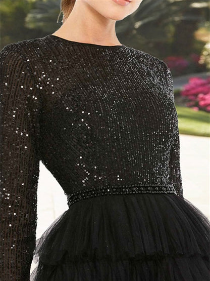 A-Line Cocktail Dress Formal Jewel Neck Long Sleeve Tea Length Mother of the Bride Dresses with Sequin Tiered