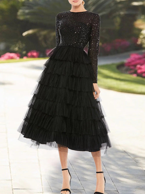 A-Line Cocktail Dress Formal Jewel Neck Long Sleeve Tea Length Mother of the Bride Dresses with Sequin Tiered
