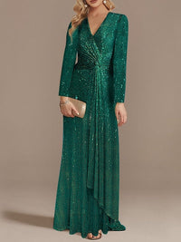 Mermaid/Trumpet V-Neck Long Sleeves Floor-Length Party Cocktail Dress with Sequins