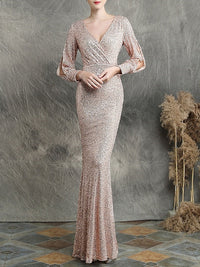 Mermaid/Trumpet V-Neck Long Sleeves Floor-Length Party Cocktail Dress with Sequins